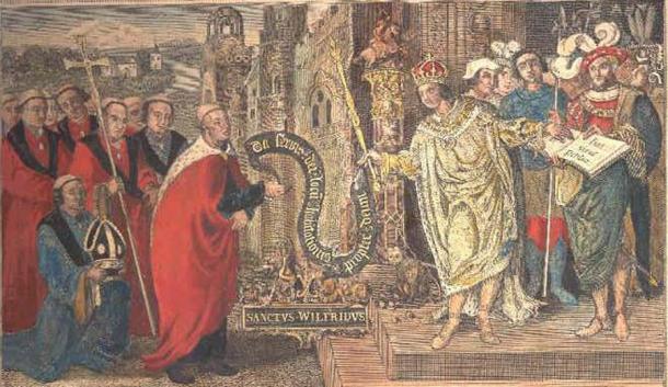Bishop Wilfrid, Aethelthryth's trusted spiritual advisor, receiving a charter from King Caedwella. (Scanned by Michael Jones from a print by T.King / CC BY 2.5)