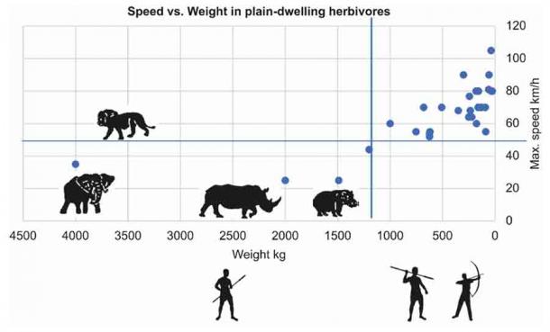 This figure shows that most big prey animals were heavy and slow and thus easy for humans to hunt. When big mammals went extinct, human brain development accelerated so that we could easily hunt smaller prey with spears and arrows. (MDPI)