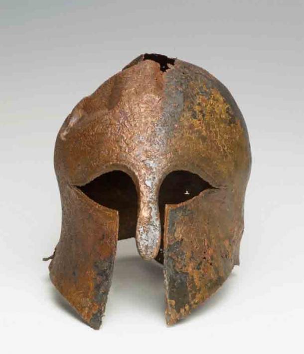 The well-preserved Corinthian helmet that was found on the Mediterranean seabed in 2007, just off the coast of Haifa, Israel. (IAA)