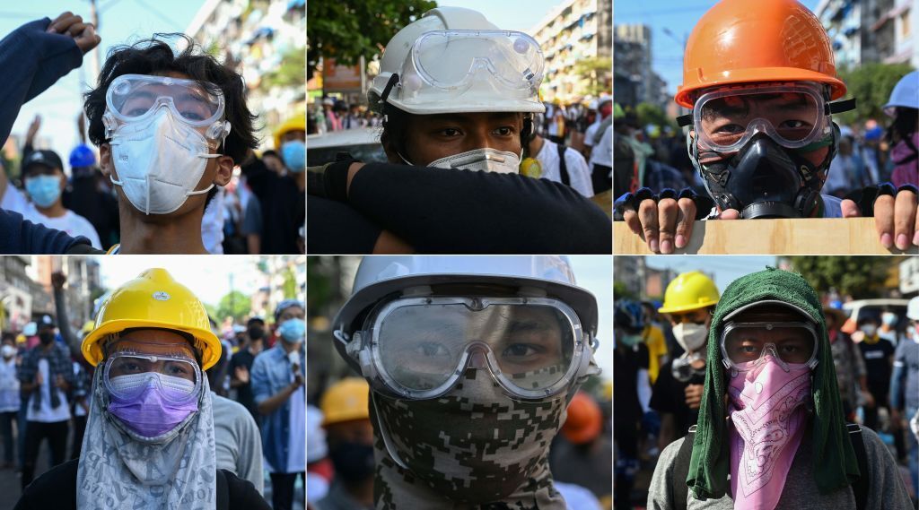 This combination of pictures created on March 1, 2021, shows protesters wearing basic protective gear during a demonstration 