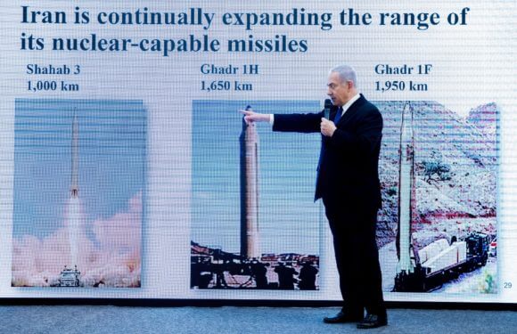 Benjamin Netanyahu claiming Iran was expanding its nuclear capability in violation of the Iran Deal in April 2018.