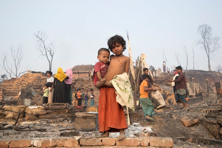 UKHIA, BANGLADESH - 2021/03/23: Rohingya children under an open sky after a huge fire swept through a Rohingya refugee camp i