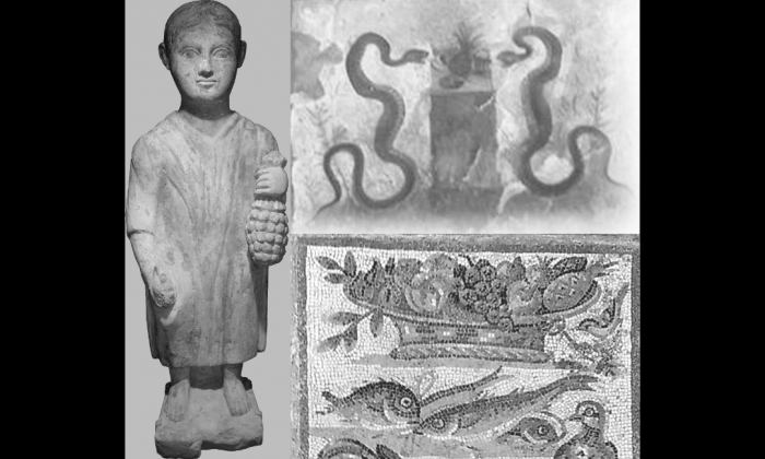 Three depictions of pineapples from the Roman era. The statue is from the third century A.D. and is now in the Musée d’Art et d’Histoire of Geneva. At the top right, a fresco in “Casa dell’Efebo” in Pompeii, and at the bottom right, an Augustan age mosaic, now in the palace “Massimo” of the National Museum of Rome. (Lucio Russo) 