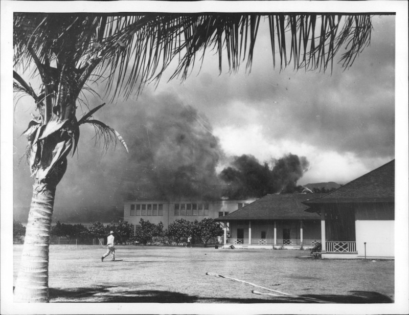 Honolulu school goes up in flames after the surprise bombing by the Japanese