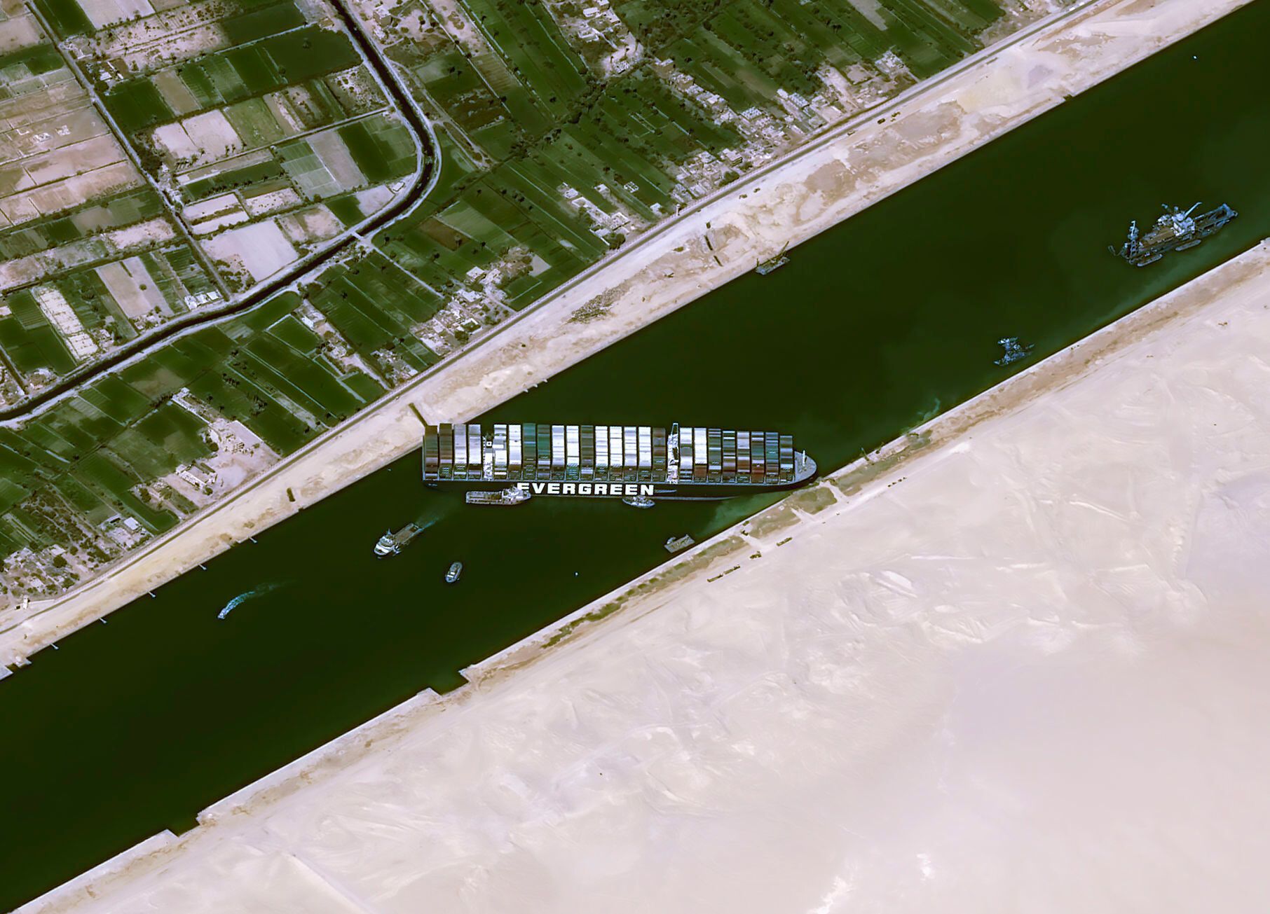 This satellite image shows the cargo ship MV Ever Given stuck in the Suez Canal near Suez, Egypt, on March 25, 2021.