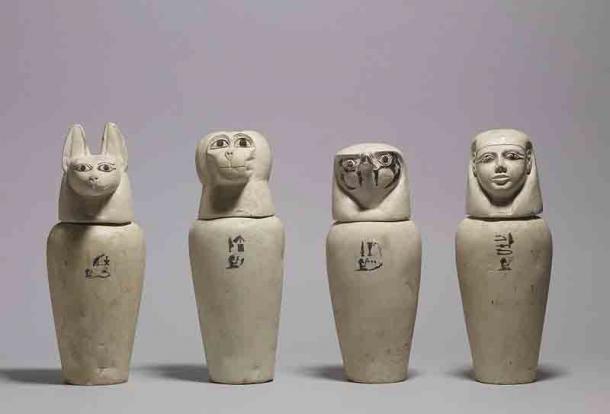 Canopic jars were used to store the internal organs of the deceased which were needed in the afterlife. Each represented a different deity with the head of a jackal, an ape, a hawk and a human. (Public domain)