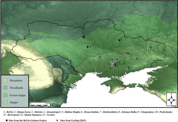 Map showing location of Scythian remains in Ukraine and surrounding areas under analysis in this study. (Miller et. al / PLOS ONE)