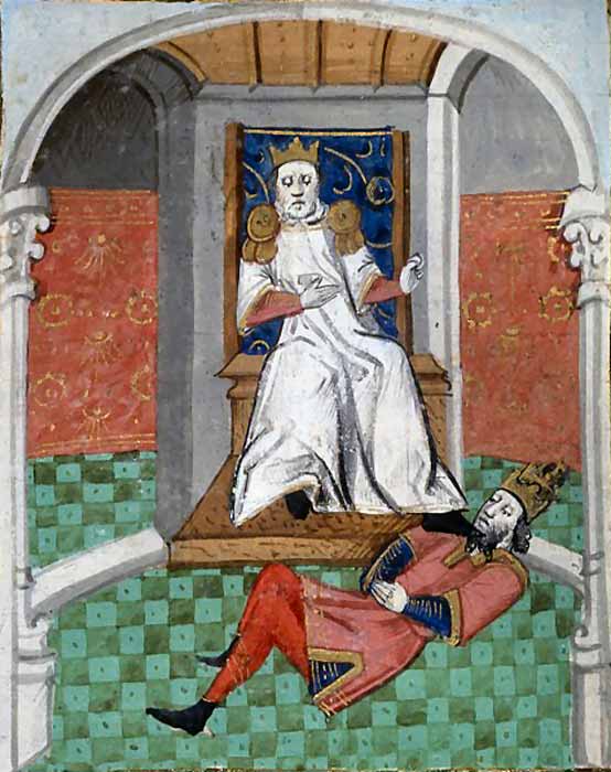 Alp Arslan, leader of the Seljuk Turks, with his foot on Romanos IV Diogenes' throat. (Boccace, De Casibus / Public domain)