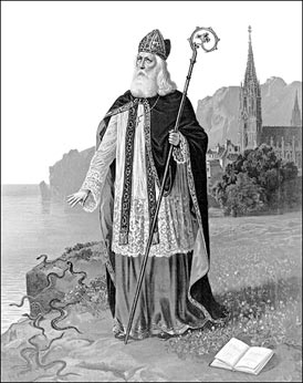An Image depicting St Patrick casting the snakes into the sea. 