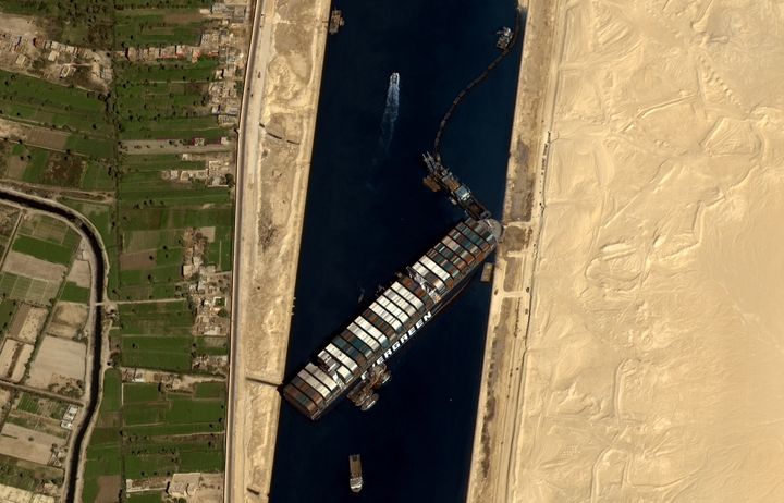 This satellite image shows the vessel stuck in the Suez Canal.