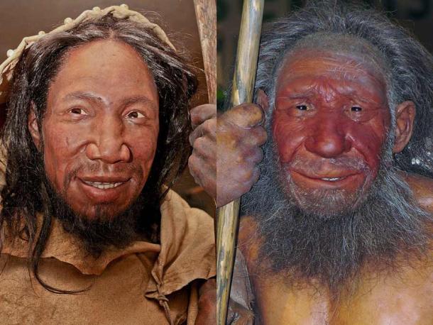 A modern human (left) and a Neanderthal (right). They look quite similar and now, based on the latest study, we know Neanderthal speech capabilities were not too different from those of modern humans. (Daniela Hitzemann (left photograph), Stefan Scheer (right photograph) / unknown (reconstructions) / CC BY-SA 4.0)