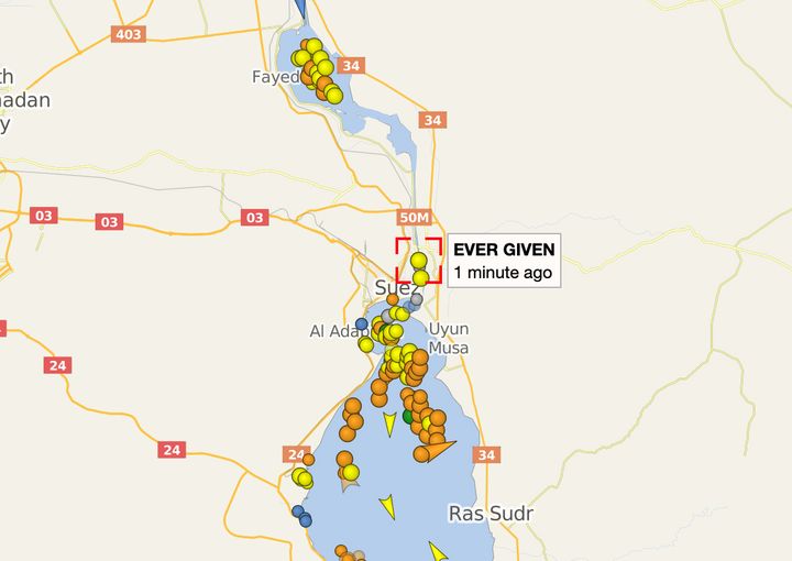 This screenshot from 4:20 a.m. Wednesday, Cairo time, on the ship tracking website Vessel Finder, shows the traffic jam in th