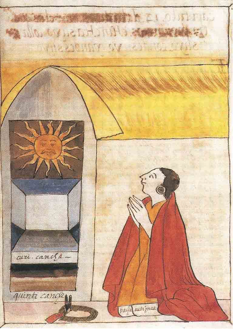 A painting of Pachacuti praying at the Temple of the Sun in Cusco. (Cronista Martín de Murúa / Public domain)