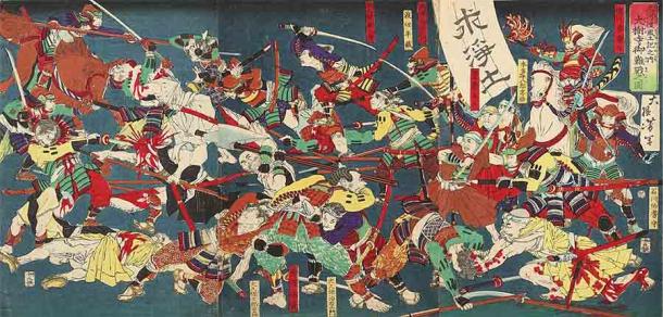 Tokugawa Ieyasu, with help from the Jodo monks of the Daijuji Temple, defeats the Ikkō-ikki at the battle of Azukizaka, 1564 AD. (Yoshitoshi / Public domain)