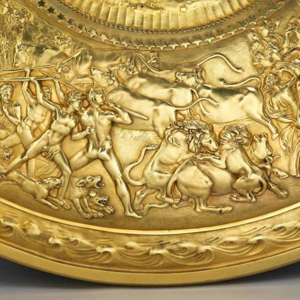 Detail of lions attacking a bull on the Shield of Achilles, 1823. (koopman rare art)