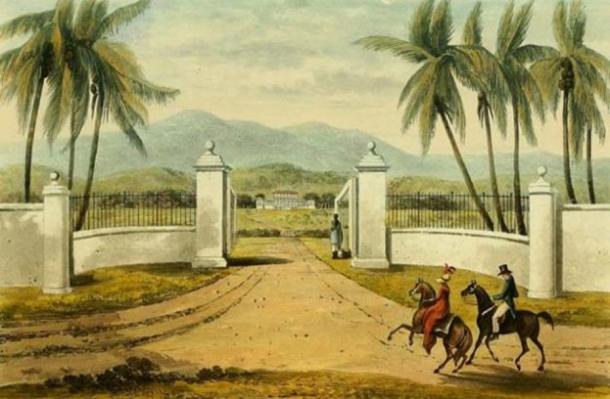 Engraving from James Hakewill’s ‘A Picturesque Tour of the Island of Jamaica’ (drawings made in the years 1820 & 1821), it shows the Rose Hall Estate.