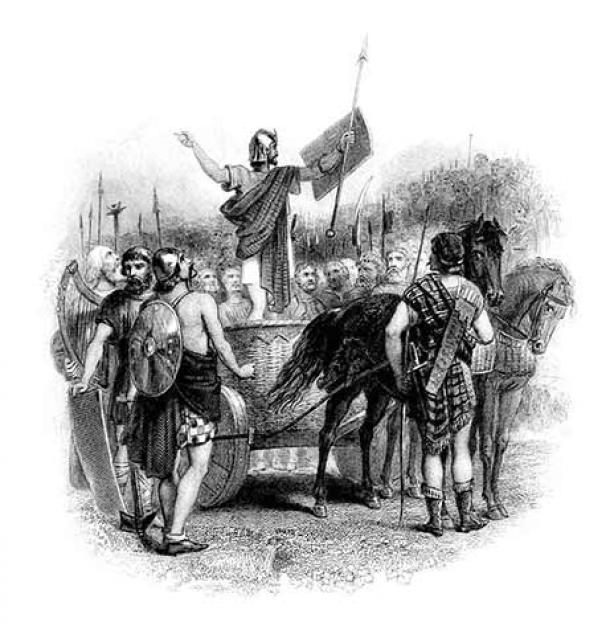 19th-century print depicting Calgacus delivering his speech to the Caledonians. (Public Domain)