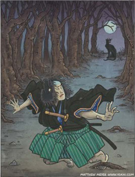 The Okuri-Inu tale in a Japanese painting. Notice the samurai tripping on the tree root. (Matthew Meyer / Yokai)