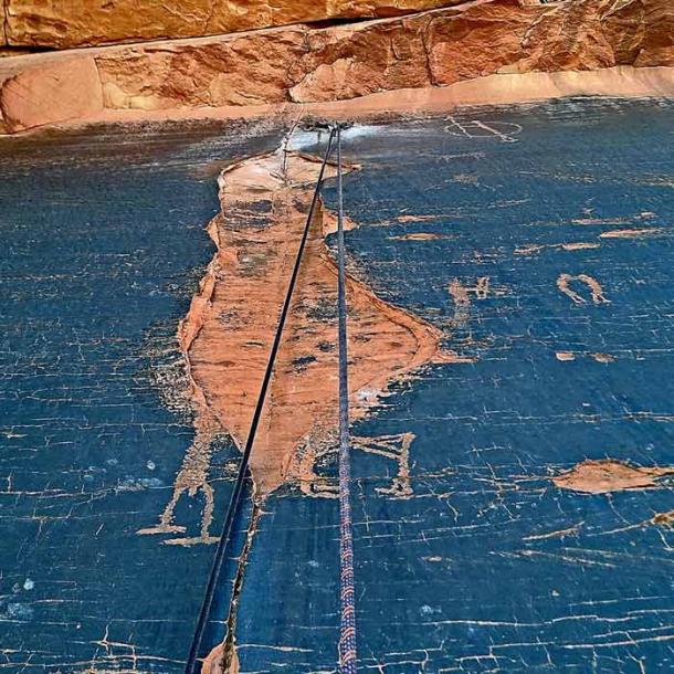 The illegal climbing route passed directly over the petroglyphs near the Sunshine Slabs in Utah. (Darrin Reay / Facebook)