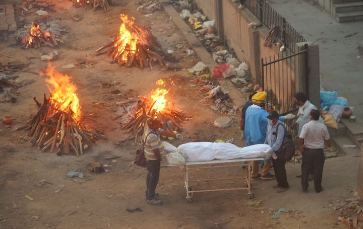 NEW DELHI, INDIA - APRIl 23: COVID-19 victims being cremated at Seemapuri crematorium, on April 23, 2021 in New Delhi, India.