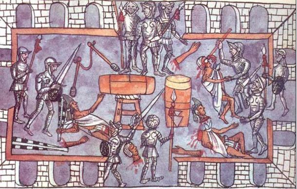 Tensions grew between the Spanish and the Aztecs, culminating in a massacre of Aztec elites in the Great Temple of Tenochtitlan at the hands of the Spanish during the Festival of Toxcati in 1520. (Public domain)