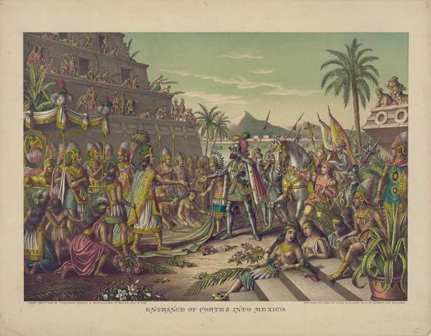 Moctezuma II, the father of Isabel Moctezuma, meeting Hernán Cortés. (Public domain)