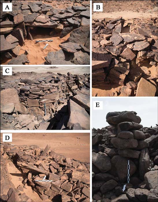 Features of mustatil: A) internal niche located in the head of a mustatil; B) a blocked entranceway in the base of a mustatil; C–D) associated features of a mustatil: cells and orthostats; E) stone pillar identified on the Harrat Khaybar lava field.
