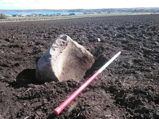 The in-situ saddle quern looking towards Kirkwall, Orkney. (Ragnhild Ljosland / Archaeology Orkney)