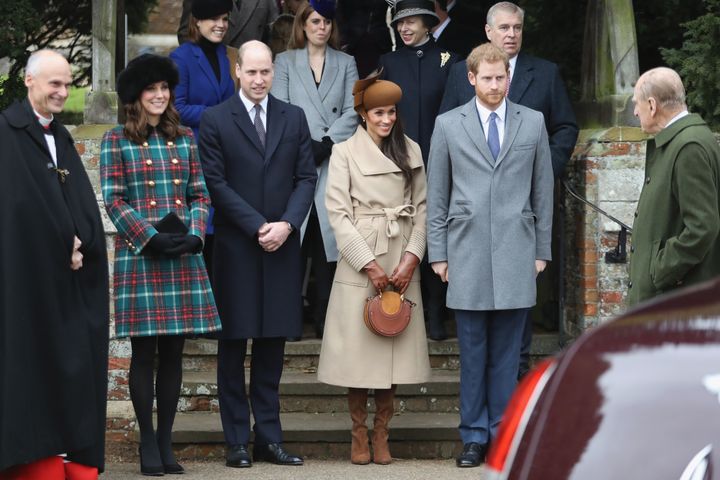The royals attend Christmas Day Church service at Church of St Mary Magdalene on Dec. 25, 2017 in King's Lynn, England.&nbsp;