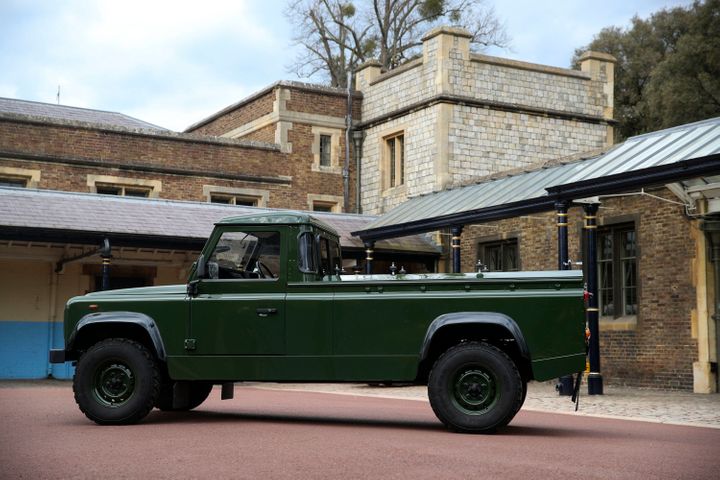 WINDSOR, ENGLAND - APRIL 15: The Jaguar Land Rover that will be used to transport the coffin of Prince Philip, Duke of Edinbu
