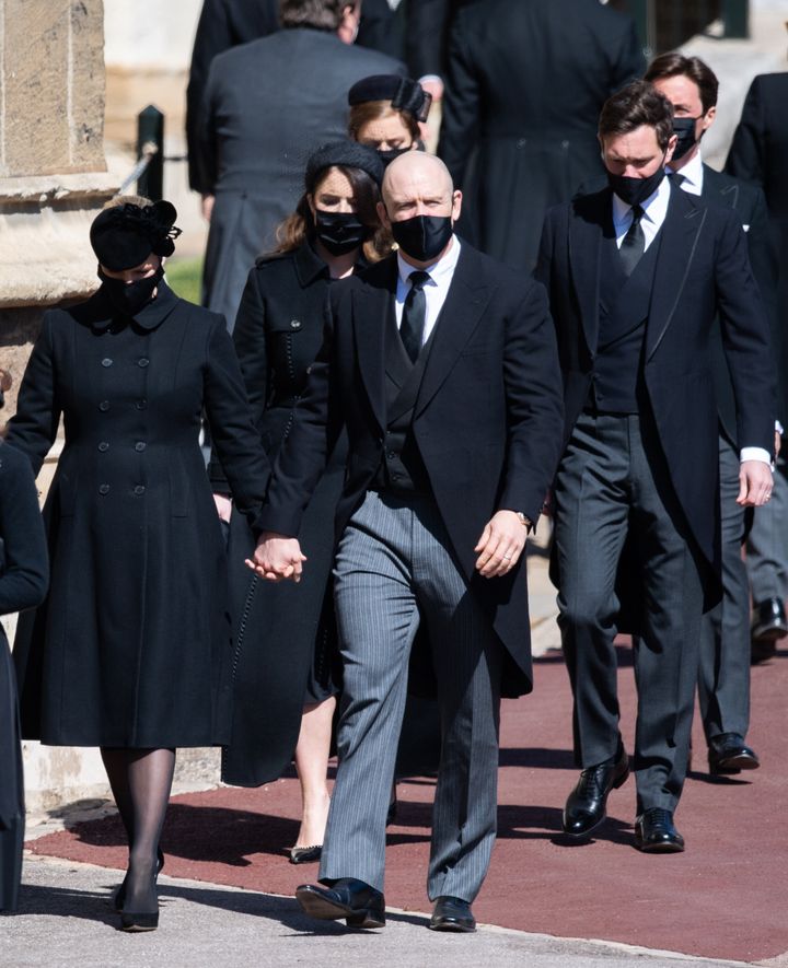 Zara Tindall, Mike Tindall, Princess Eugenie, Jack Brooksbank, Princess Beatrice and Edoardo Mapelli Mozzi during the funeral