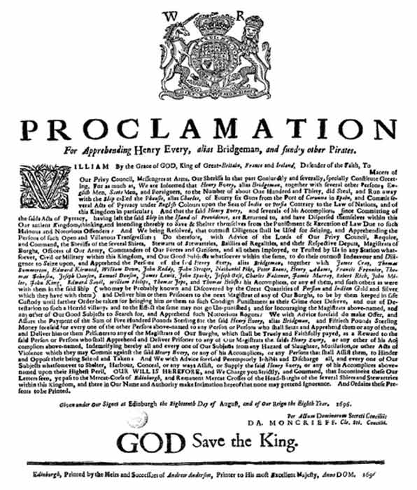 Royal proclamation for capturing Henry Every, known as Bridgeman, and other pirates. (Public domain)