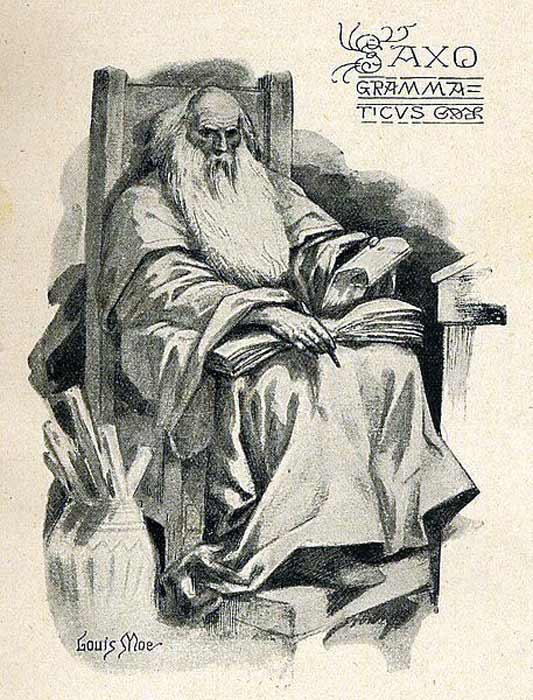 Representation of Saxo Grammaticus later in life, drawn by the Norwegian illustrator Louis Moe. (Public Domain)