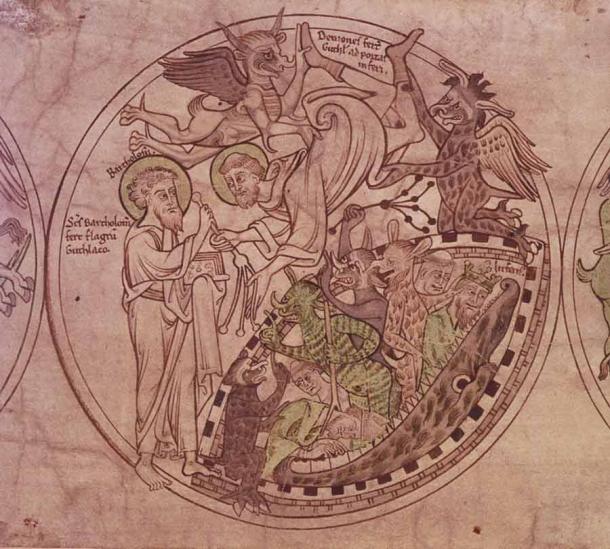 St Guthlac is presented with a whip by St Bartholomew as he is tormented by demons, an illustration from The Guthlac Roll. (Public domain)