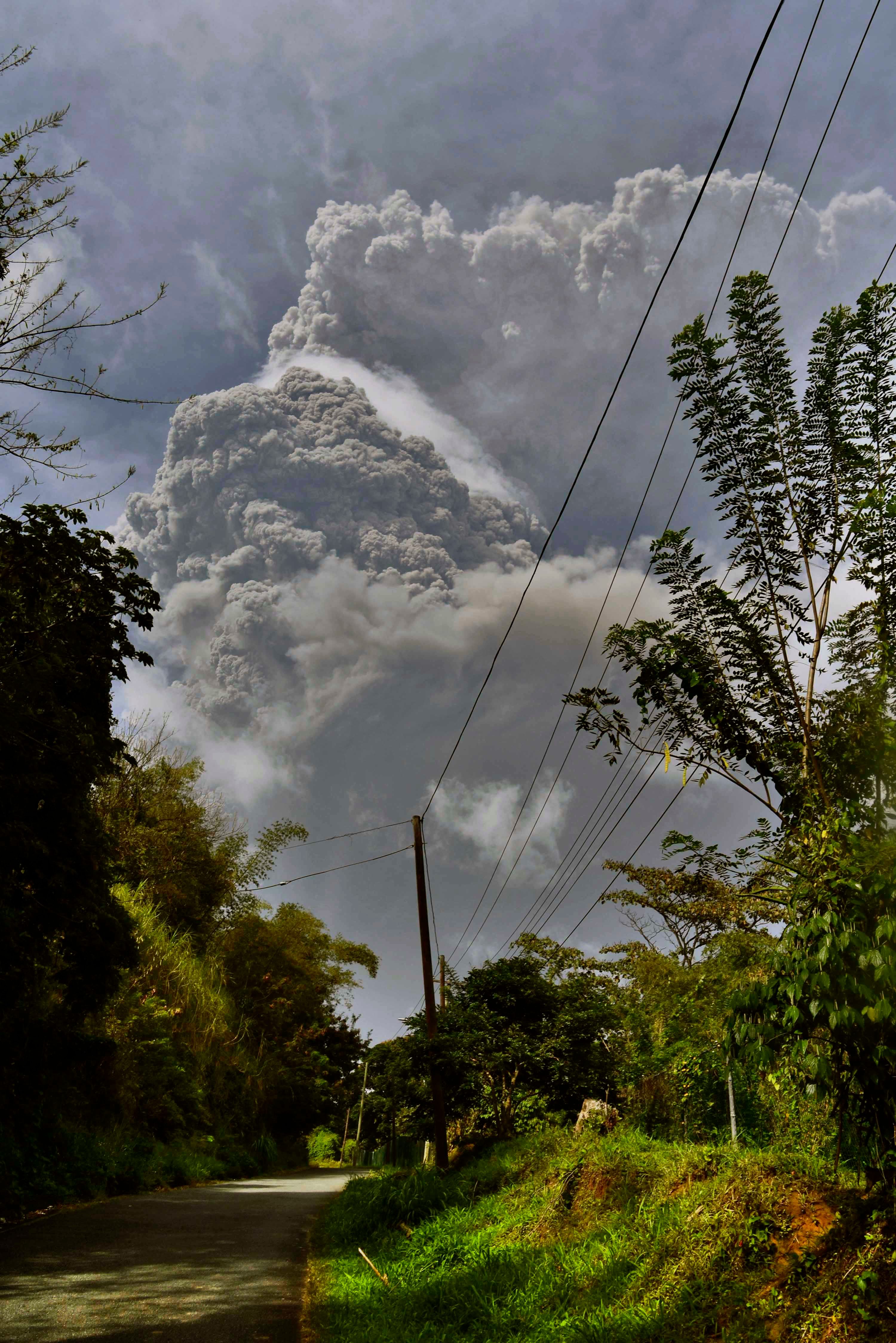 Plumes of ash rise from the La Soufriere volcano as it erupts on the eastern Caribbean island of St. Vincent, as seen from Ch