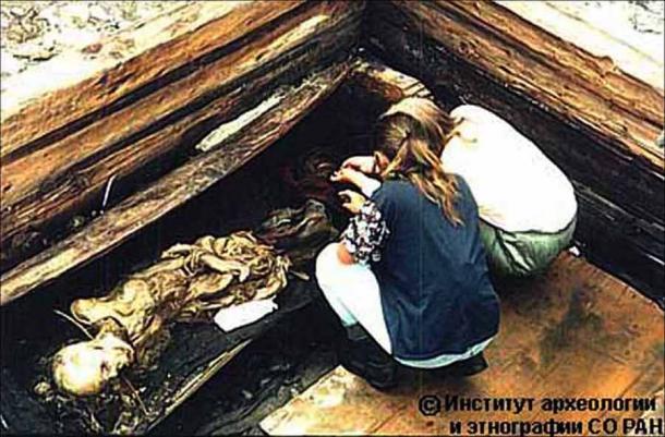 The wooden chamber where the Ice Maiden’s remains were found in 1993, as reconstructed for her museum exhibit in eastern Russia. (Siberian Times)
