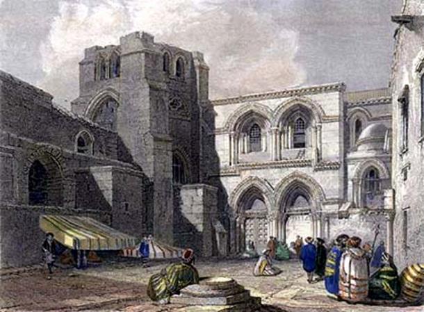 1834 engraving of the entrance to the Church of the Holy Sepulchre. 