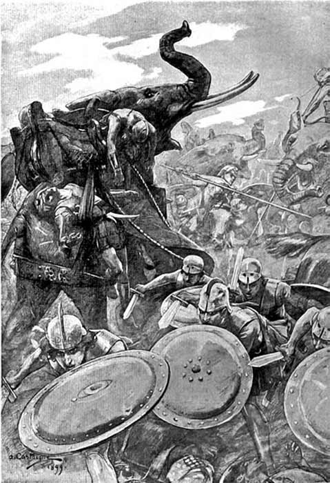 The phalanx attacking the center at Hydaspes at modern-day Punjab Province, Pakistan, when the Macedonian Empire annexed large areas of the Punjab region by Andre Castaigne (1911)(Public Domain).