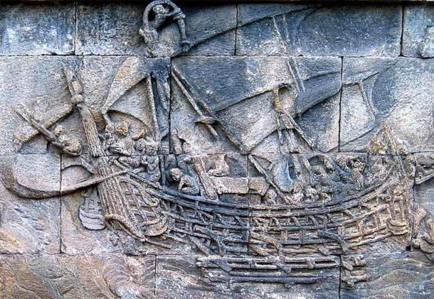 A Borobudur ship from the eighth century, a large native outrigger trading vessels, possibly of the Sailendra and Srivijaya thalassocracies (CC BY-SA 2.5)