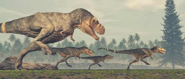 A family of Tyrannosaurus rex dinosaurs on the run. (Orlando Florin Rosu / Adobe Stock)