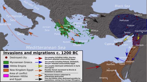 Invasions, population movements and destruction during the collapse of the Bronze Age, c. 1200 BC derived from Atlas of World History (2002)