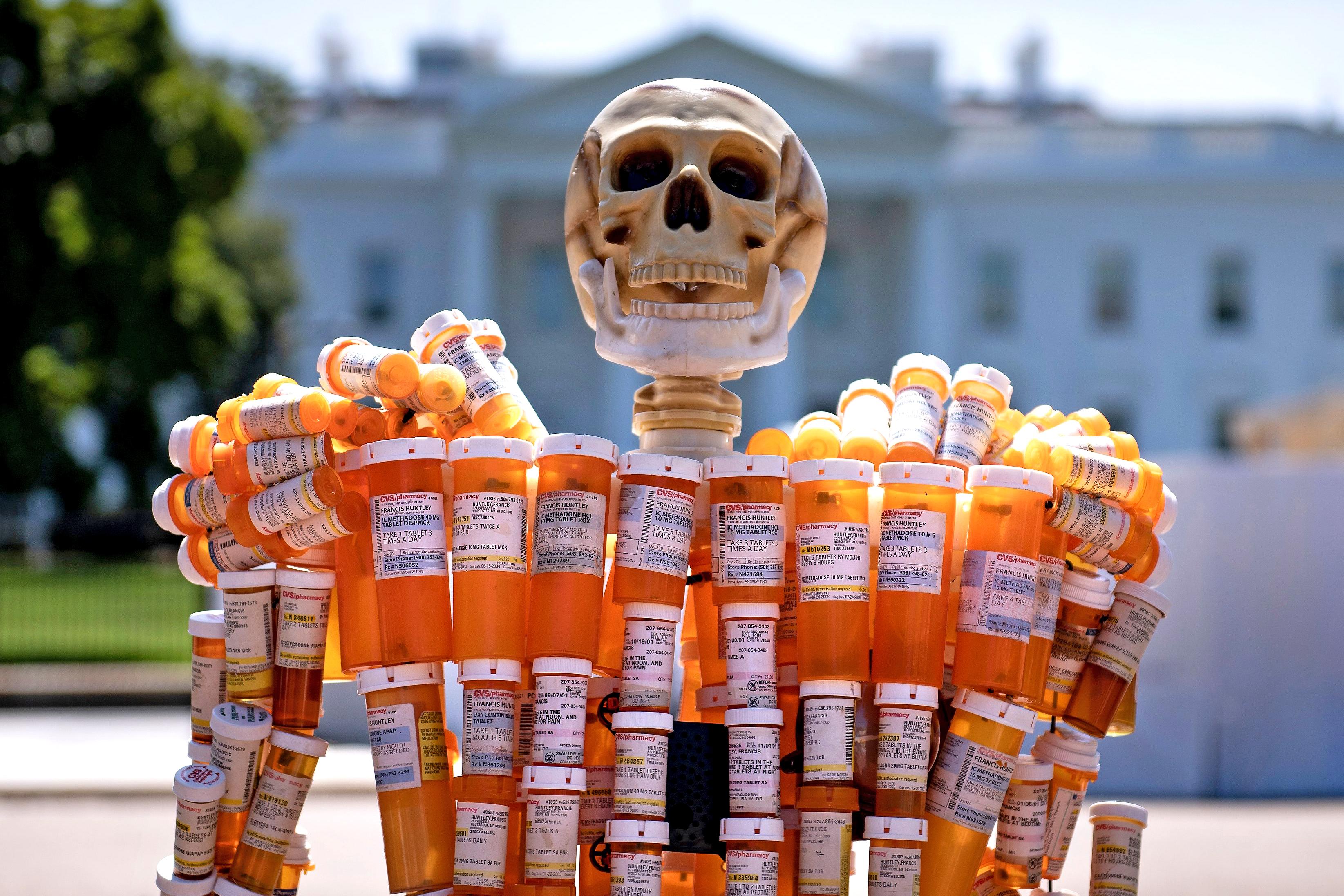 Pill Man, a skeleton made from artist Frank Huntley’s prescription bottles