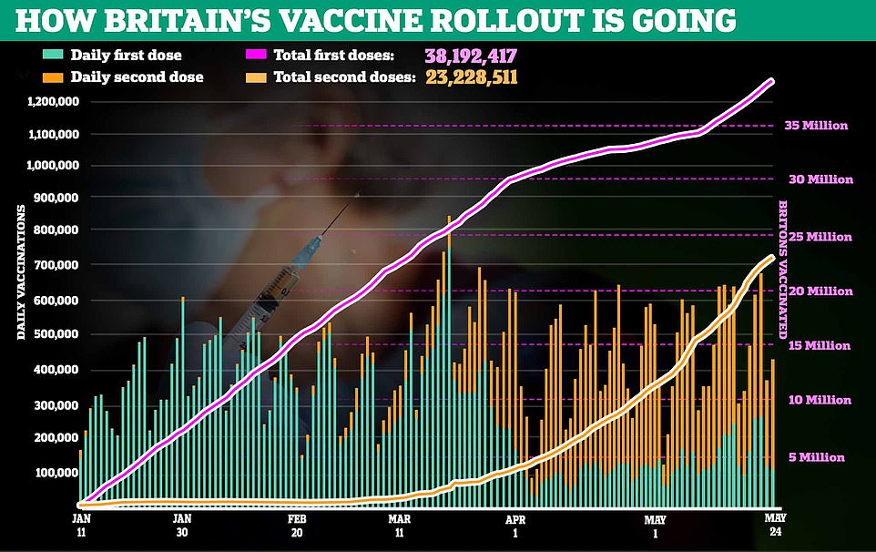 In the six months since Mr Shakespeare was given his vaccine, about 38.2million Britons have been given at least one dose of either Pfizer, AstraZeneca or more recently Moderna's vaccines. More than 23.2million people in the country are now fully vaccinated.