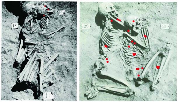 Burials 13 and 14, 20 and 21, and the distribution of artifacts located in them, none embedded in the skeletons. Re-elaborated from Wendorf 1968a. (Donatella Usai/CC BY 4.0)