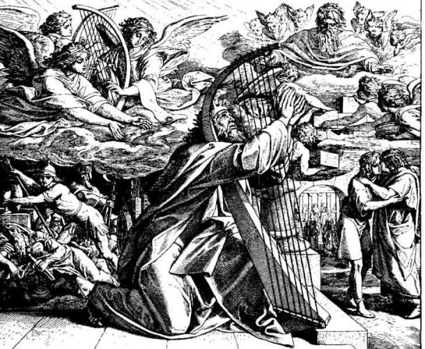David is depicted giving a psalm to pray for deliverance in this 1860 woodcut by Julius Schnorr von Karolsfeld. (Public Domain)