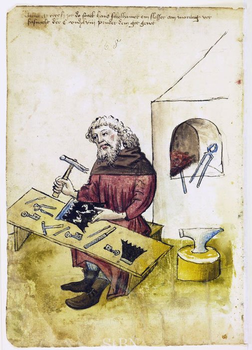 A painting of a medieval locksmith in 1451 AD by an unknown artist. (Public domain)