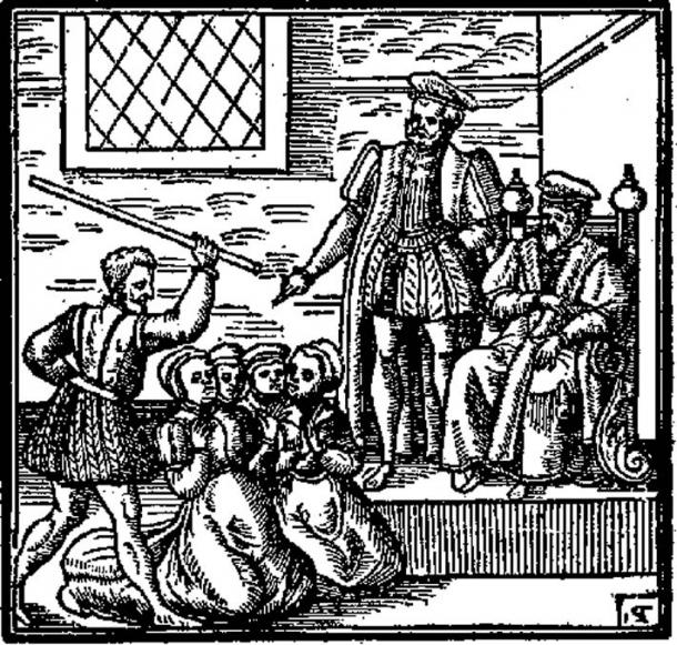 Suspected witches kneeling before King James; Daemonologie (1597)