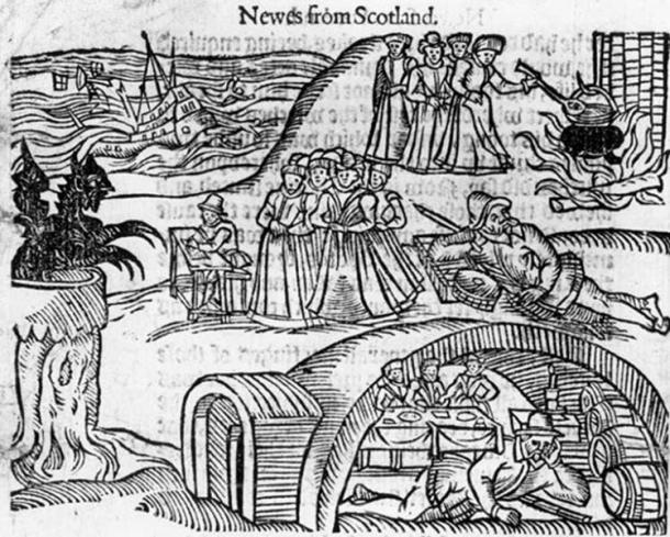 The North Berwick Witches meet the Devil in the local kirkyard, from a contemporary pamphlet, Newes from Scotland.
