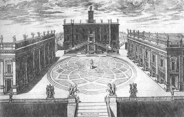 Michelangelo's design for Capitoline Hill, now home to the Capitoline Museums. Engraved by Étienne Dupérac, 1568. (Public domain)