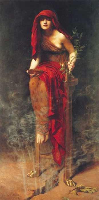 Priestess of Delphi by John Collier, showing the Pythia sitting on a tripod with vapor rising from a crack in the earth beneath her (1891) Art Gallery South Australia (Public Domain)